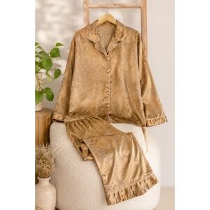 Y2K Gold Satin‎ Paisley Pajama Set • Vintage Silky Lounge Co-ord • Matching Set